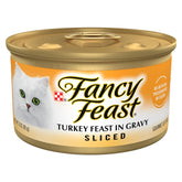 Fancy Feast sliced-turkey-feast-wet-cat-food-gravy-can closeup shows turkey slices in gravy for adult cats