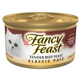 Fancy Feast Tender Beef Feast 3oz cans pack-24 on shelf for easy daily meals