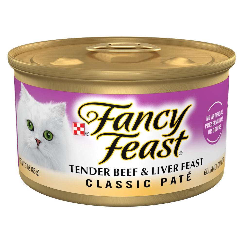 Fancy Feast Tender Beef and Liver Feast pate pack of 24, convenient 3 oz cans for easy mealtimes.