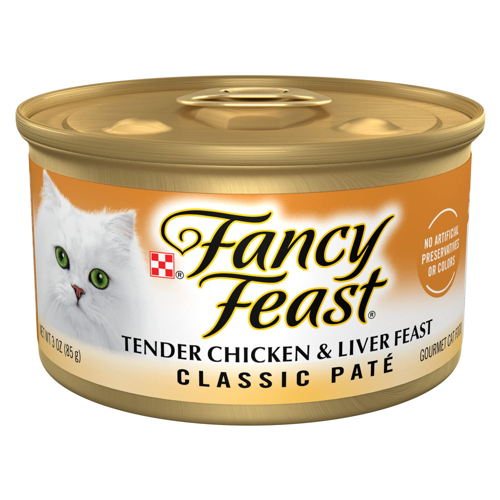Fancy Feast Tender Chicken and Liver Feast pate tin with rich texture for easy serving