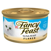 Fancy Feast tuna-feast-cans-closeup with flaky texture that entices picky eaters.