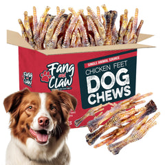 Fang and Claw bulk 75-count chicken feet bag open highlights long-lasting natural chews for dogs.