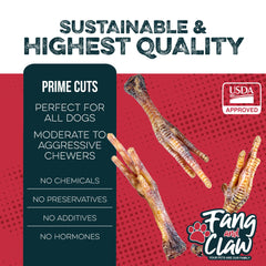 Fang and Claw chicken feet close-up crunch showcases protein-rich, low-calorie dog treat.