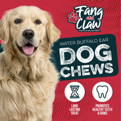 Fang & Claw Water Buffalo Ears close-up texture demonstrates natural chewiness for strong chewers.