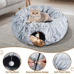 Farhming cat tunnel peekaboo holes invites active play with hanging cotton-ball toys.