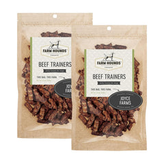 Farm Hounds Beef Trainers two-pack front label shows humane sourcing for training rewards.