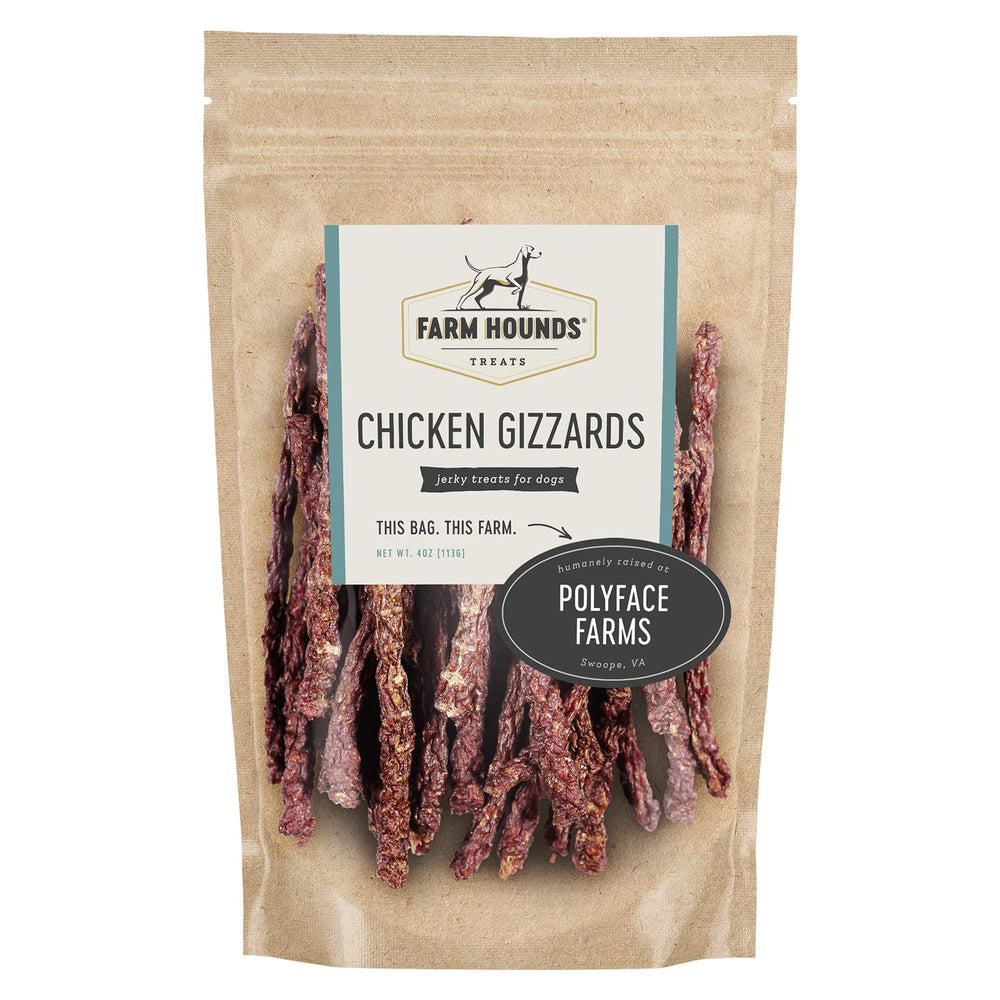 Farm Hounds chicken gizzards pack front, 4 oz, training-friendly jerky for dogs.