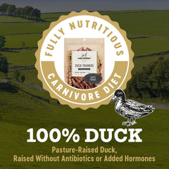 Farm Hounds Duck Trainers jerky closeup: dehydrated, bite-sized, tasty training reward