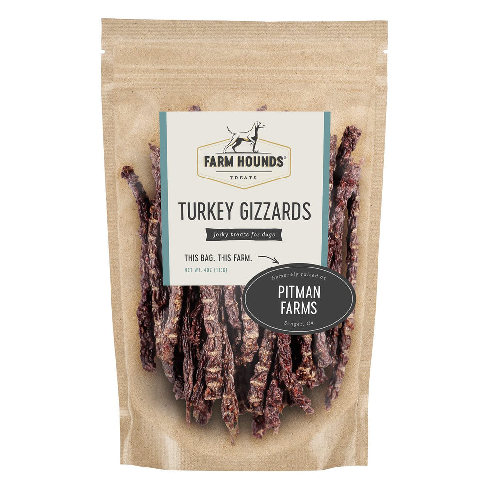 Farm Hounds turkey gizzards pack front, premium single-ingredient dog treat ideal for training rewards.