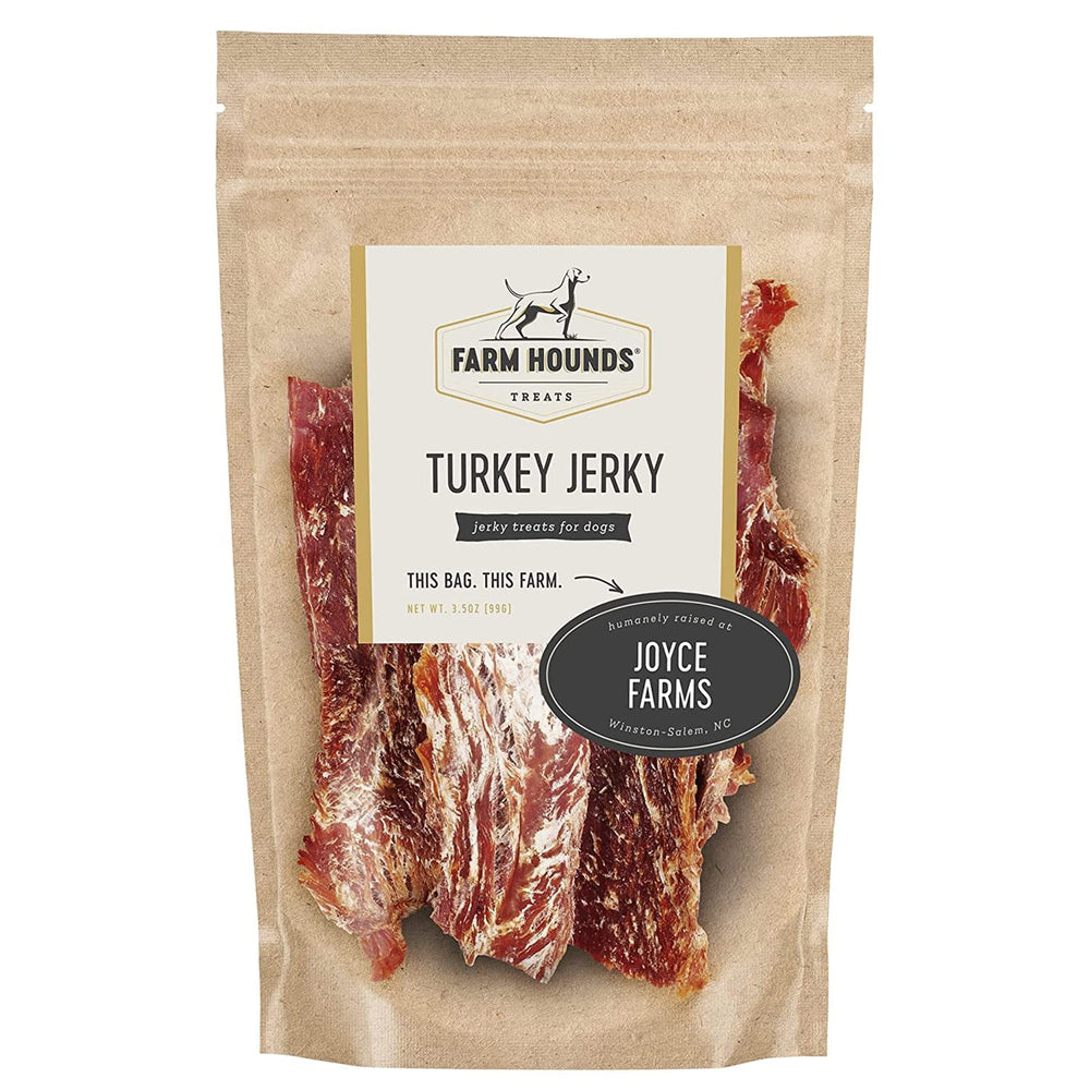 Farm Hounds Turkey Jerky packaging highlights USA-sourced meat and farm transparency for informed treats.