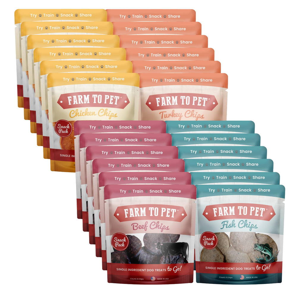Farm To Pet sampler-pack-front-view shows 24 all-natural treats for training rewards.