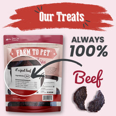Farm To Pet single-ingredient beef treats — simple ingredients for sensitive stomachs.