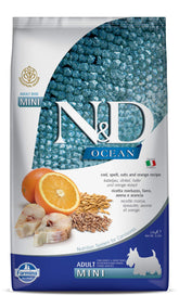Farmina Cod Spelt Oats Orange Adult Mini kibble closeup with protein-rich nutrition
