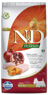 Farmina N&D bag front view shows grain-free pumpkin mini chicken pomegranate formula for maintenance