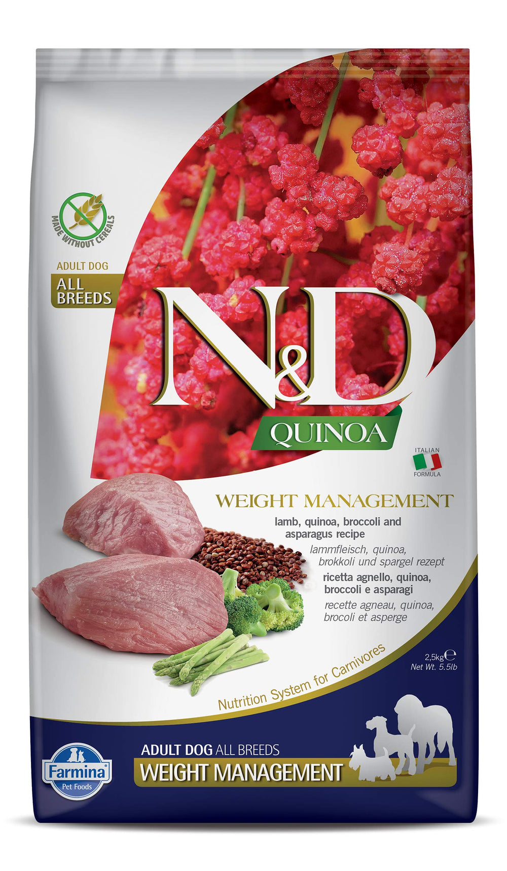 Farmina ND Quinoa Weight Management Lamb bag showing natural ingredients for balanced daily feeding.