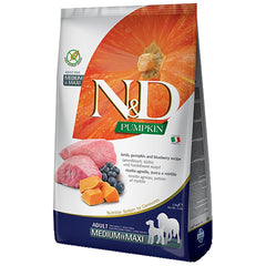 Farmina N&D pumpkin lamb blueberry dry dog food kibble in bowl supports grain-free meals