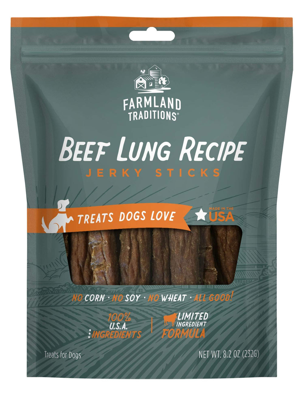 Farmland Traditions Beef Lung Jerky bag-front shows a high-protein reward for dogs.