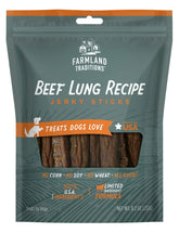 Farmland Traditions Beef Lung Jerky bag-front shows a high-protein reward for dogs.