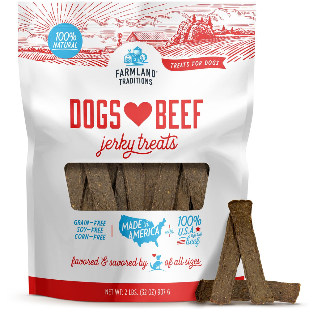 Farmland Traditions dog beef jerky pack shot highlights a protein-packed training treat