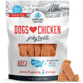 Farmland Traditions dogs love chicken jerky bag shows a protein-rich training reward