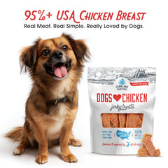 Farmland Traditions Dogs Love Chicken Jerky label close-up, grain-free and filler-free recipe.
