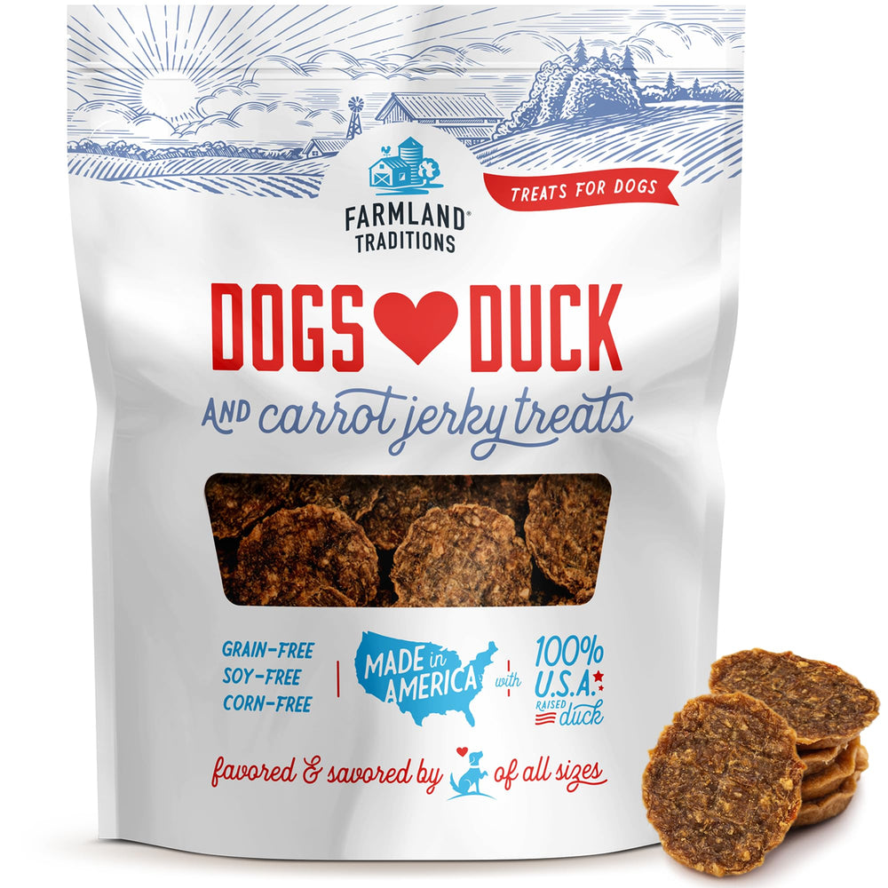 Farmland Traditions duck-carrot-jerky-slices: protein-rich reward for dogs.