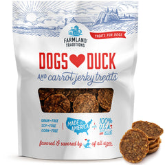 Farmland Traditions duck-carrot-jerky-slices: protein-rich reward for dogs.