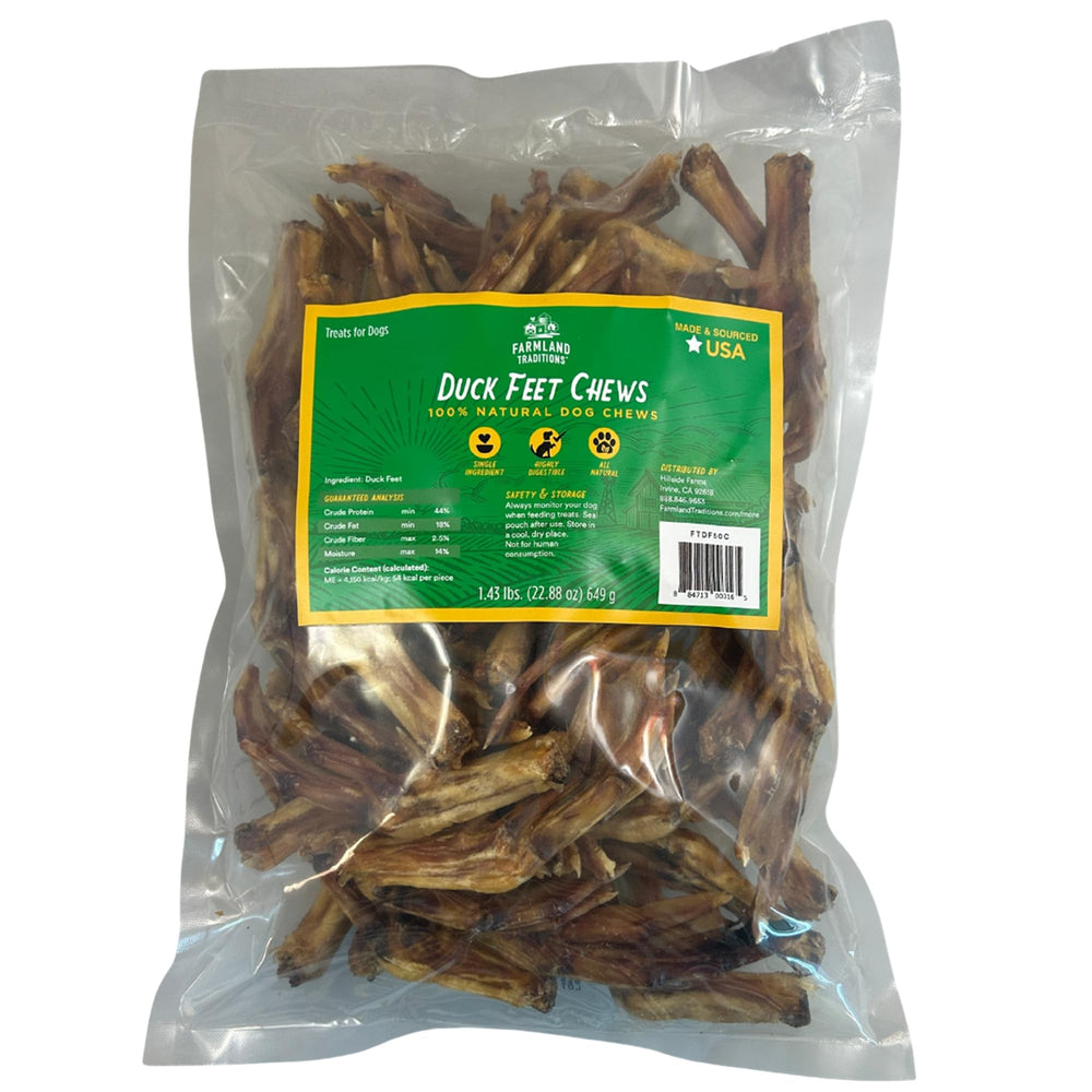 Farmland Traditions Duck Feet bag showing a single-ingredient chew for natural teeth cleaning.
