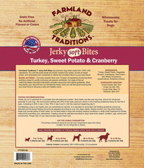 Farmland Traditions soft jerky bite texture close-up highlights tender, grain-free dog treats.