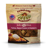 Farmland Traditions turkey-sweet-potato-cranberry soft jerky bite packaging demonstrates USA-made quality for all dogs.