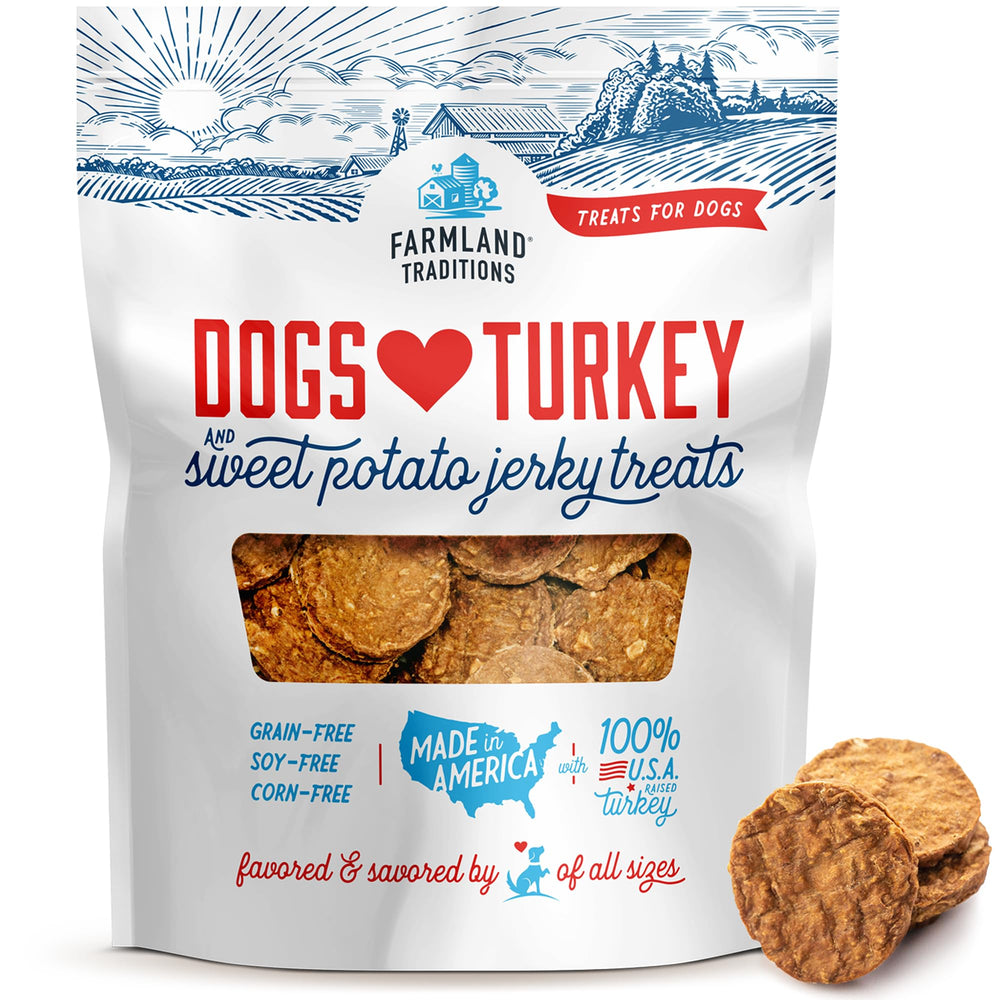 Farmland Traditions turkey-sweet-potato-jerky-bag close-up shows premium protein for dogs.