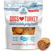 Farmland Traditions turkey-sweet-potato-jerky-bag close-up shows premium protein for dogs.