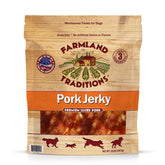 Farmland Traditions USA-made pork jerky dog treats bag shows bulk size for long-lasting rewards.