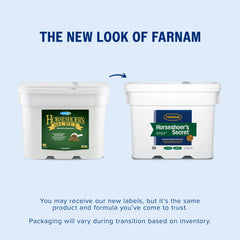 Farnam Horseshoer’s Secret palatable alfalfa-based pellets mix easily with grain for steady hoof care.