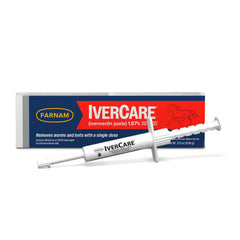 Farnam IverCare label closeup with dosing directions and active ingredients.