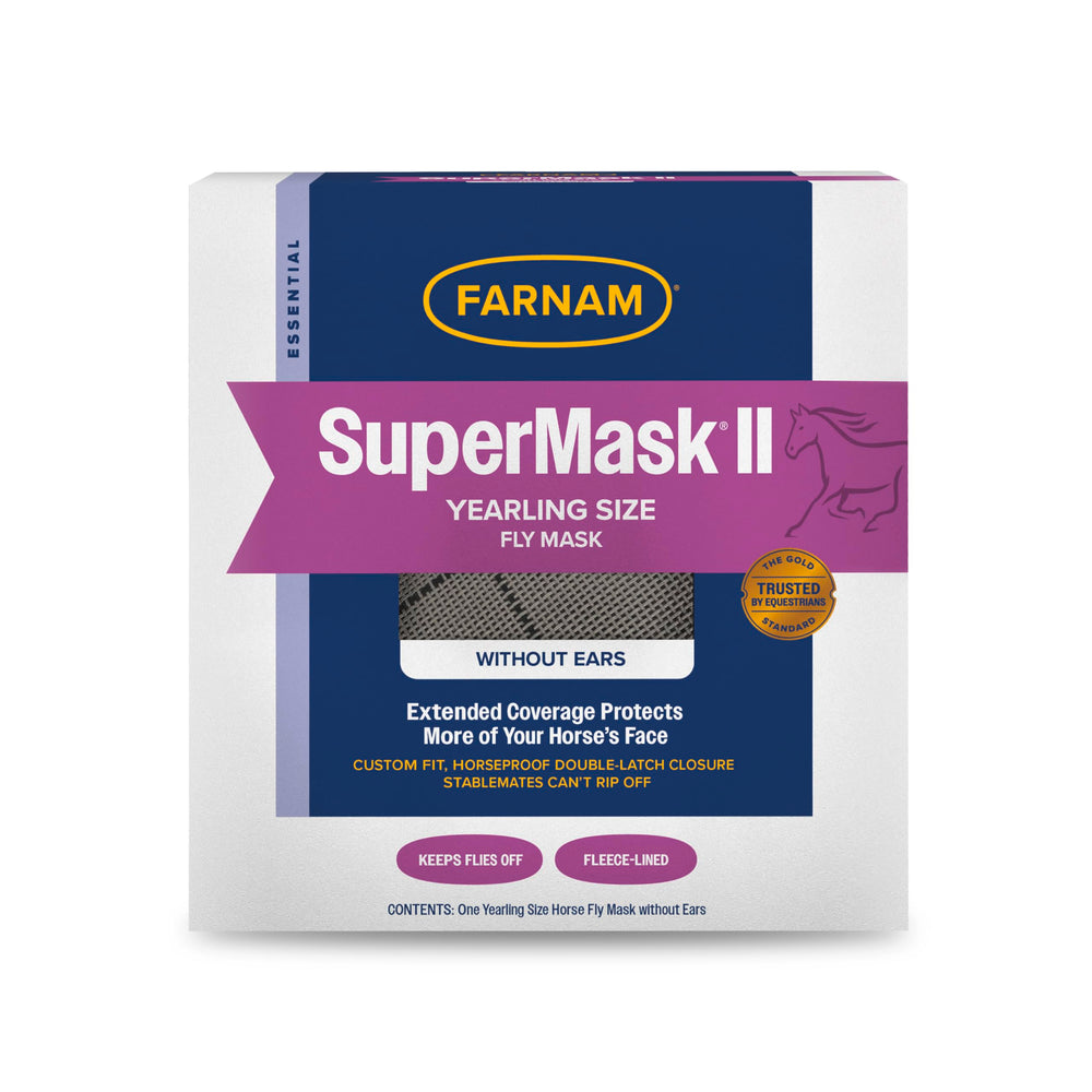 Farnam SuperMask II face coverage shows extended protection against flies and debris.