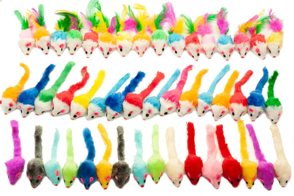 Fashion's Talk 48-count mice toys pack for indoor cats with fuzzy textures and colorful variety.