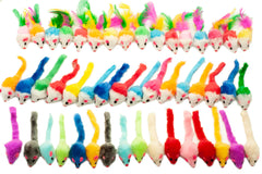 Fashion's Talk 48-count mice toys pack for indoor cats with fuzzy textures and colorful variety.