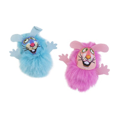 Fat Cat Fluff Bunnies blue closeup, plush toy inviting playful pouncing