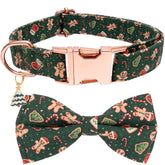Faygarsle green dog collar closeup with Christmas pattern for festive holiday photos.