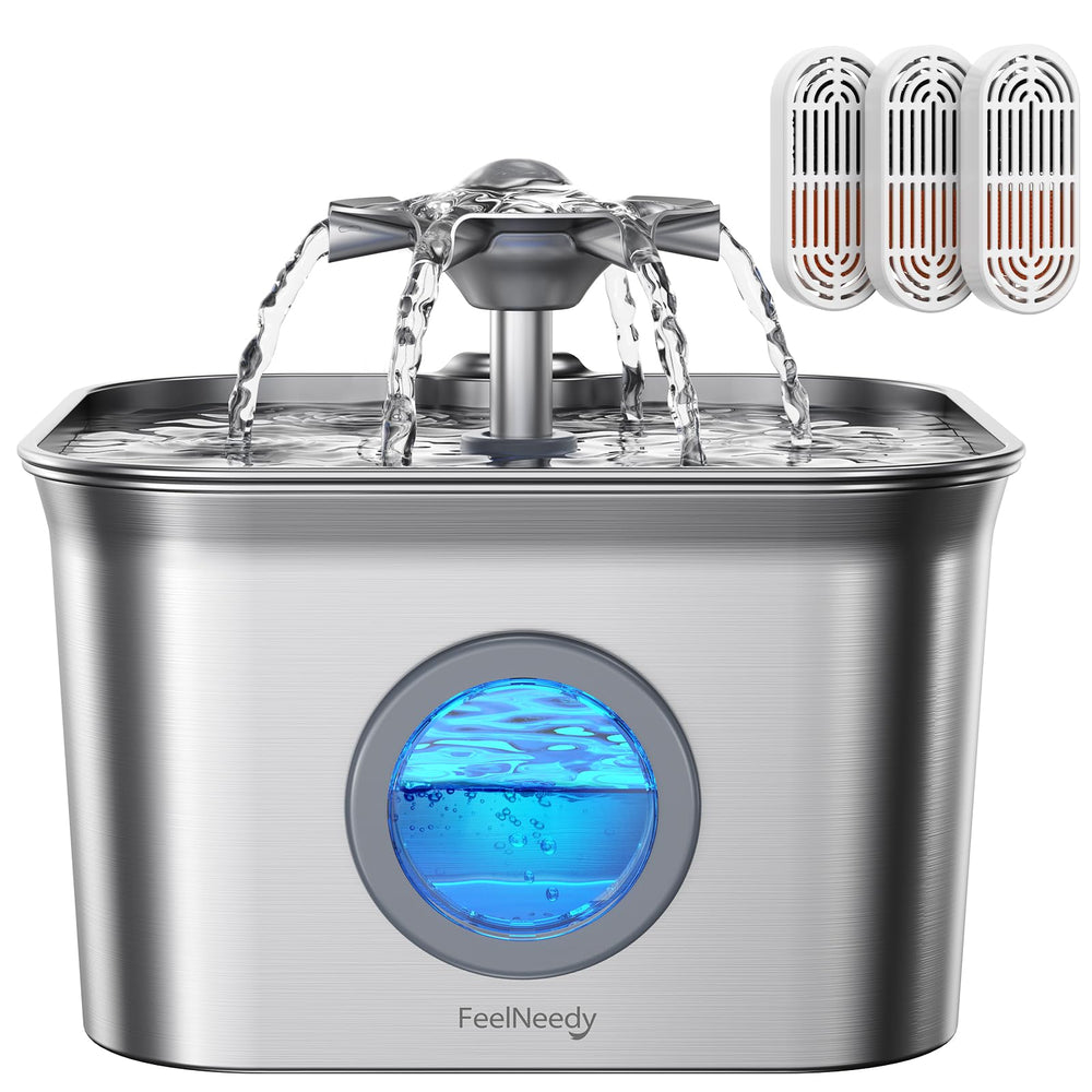 FEELNEEDY stainless steel cat water fountain front view promotes steady hydration