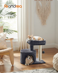 Feandrea cat tree tower plush perch provides cozy rest after play.