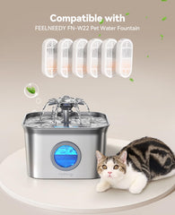 FEELNEEDY cat water fountain filters pack demonstrates long-lasting hydration options.