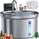 FEELNEEDY wireless cat water fountain assembly shows separate battery and water components for safety.