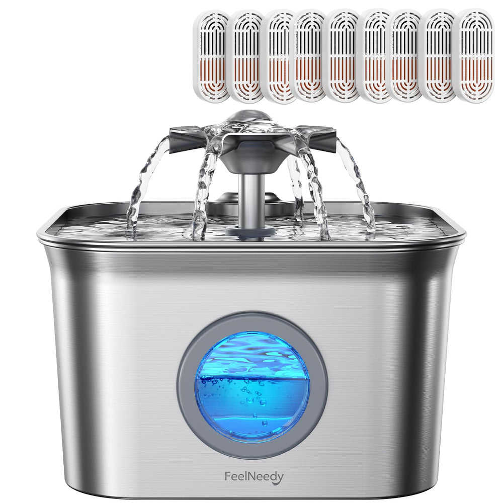 FEELNEEDY stainless-steel cat fountain top view shows sleek design promoting hydration for busy households.
