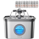 FEELNEEDY stainless-steel cat fountain top view shows sleek design promoting hydration for busy households.
