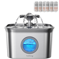 FEELNEEDY stainless steel cat water fountain front view, for 24/7 hydration.