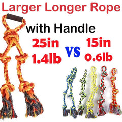 Fejapa large rope toy features a plastic handle for easy grip during play