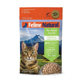 Feline Natural high protein dry cat food bag close-up shows premium ingredients for lean muscle