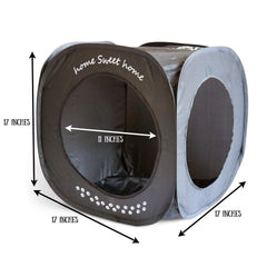 Feline Ruff Home Sweet Home Cat Cube open doors emphasizes easy access for pets.